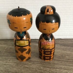 Vtg Handmade Wooden Bobble Head Kokeshi Dolls
